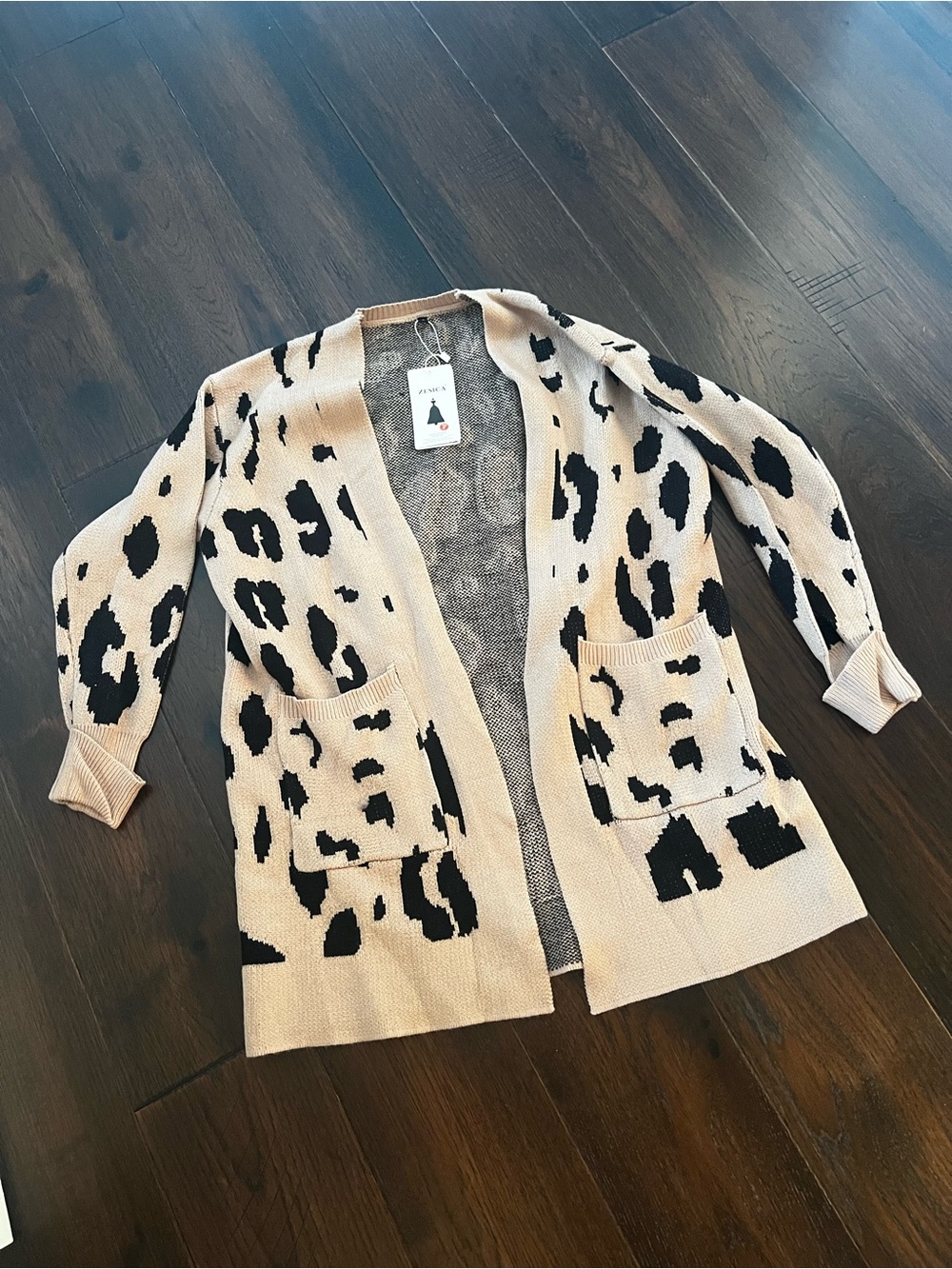 Beige and Black Leopard Print Open-Front Cardigan Sweater